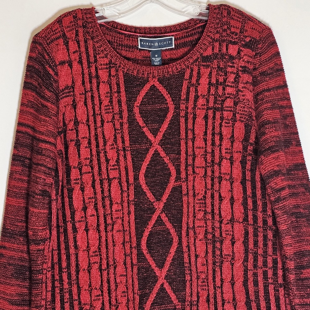 Karen Scott Sweater Womens Medium Red Cable Knit Pullover Crewneck Long Sleeve M - Picture 2 of 12